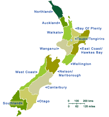 Les regions de Nouvelle Zelande